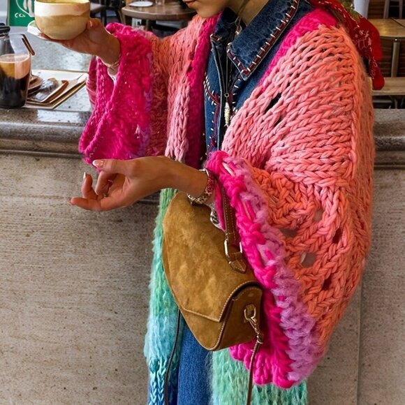 Pink Casual Women's Handknitted Boho Colorful Coat Bell Sleeve Crochet Kimono - Picture 3 of 6